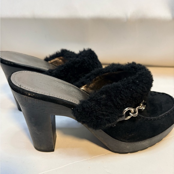 Coach Shoes - Coach Idyle Platform Mules in Black Suede and Faux-Shearling with Chain